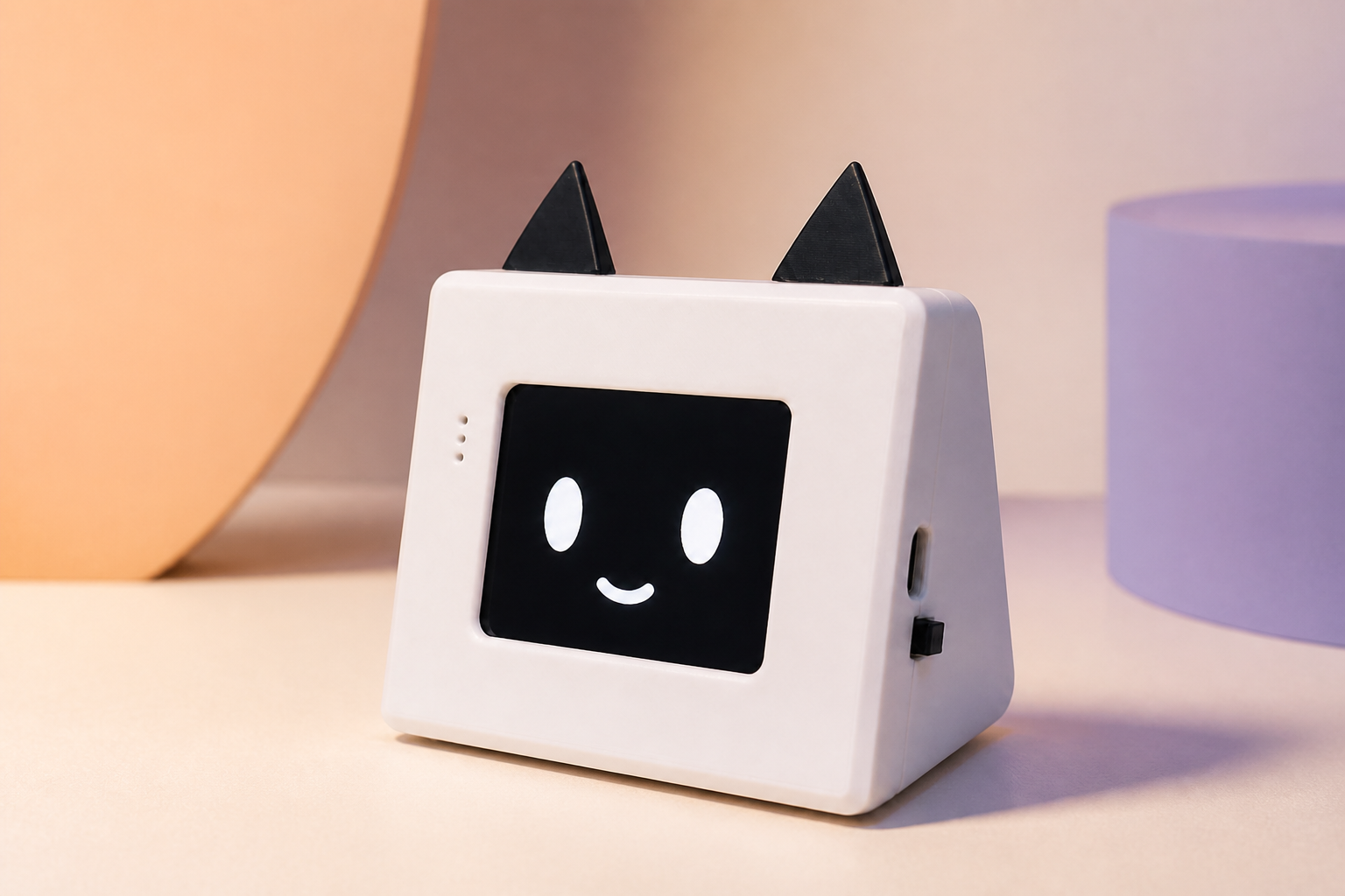 White Mipo-Cat companion with an expressive screen on a warm studio background